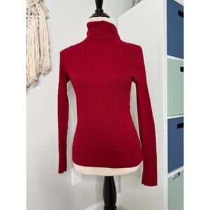 Talbots Pima Cotton Cable Knit Ribbed Red Turtleneck Sweater XS Holiday XS